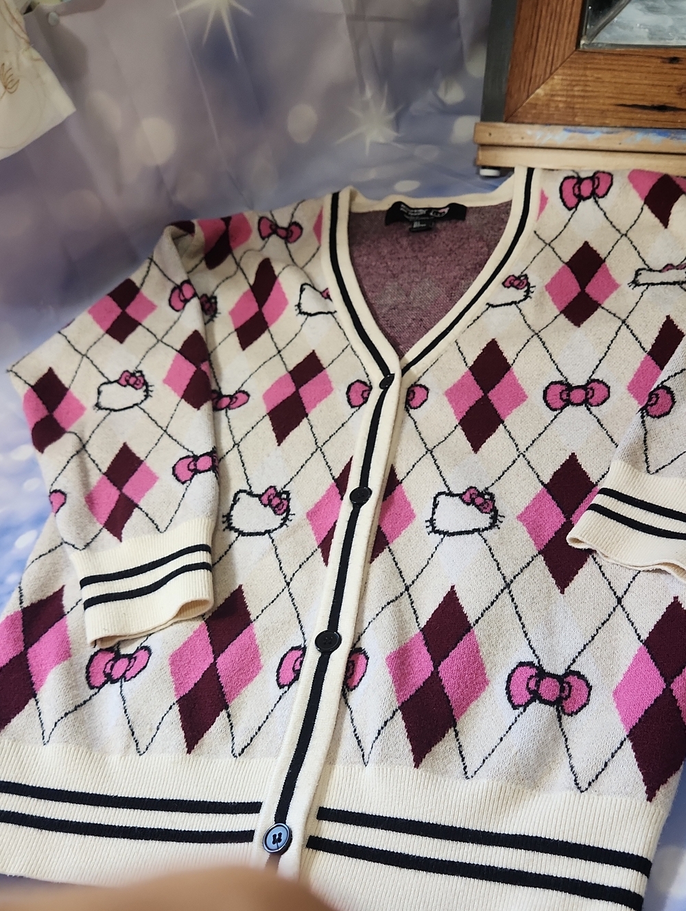 Hello Kitty Cream Pink Burgundy Argyle Button Cardigan